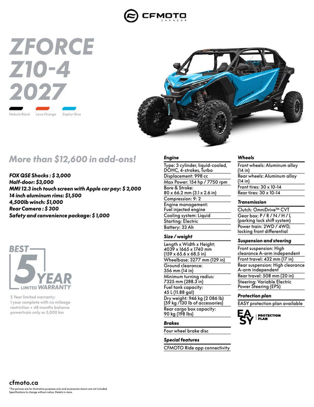 2027 CFMOTO ZFORCE Z10-4 specifications