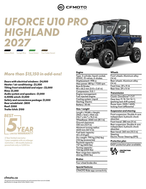 2027 CFMOTO UFORCE U10 PRO HIGHLAND specifications