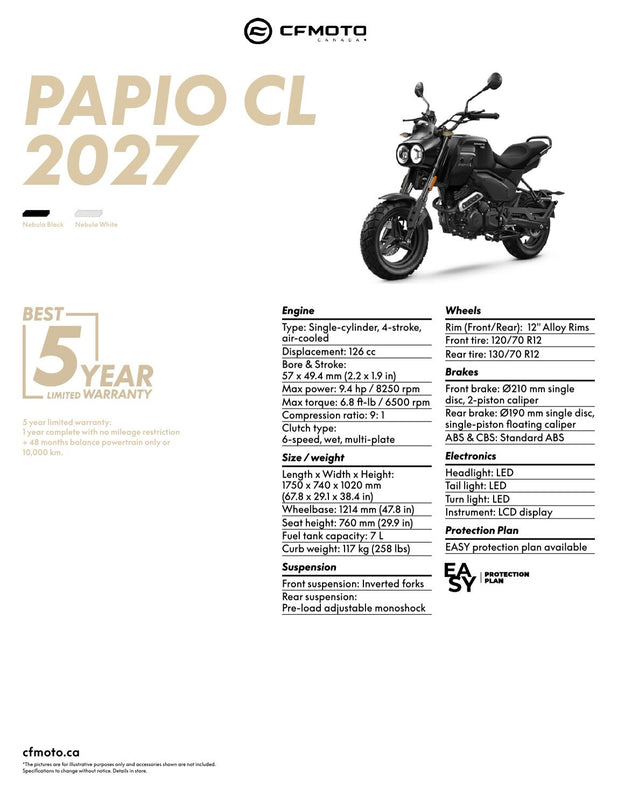 2027 CFMOTO PAPIO CL specifications