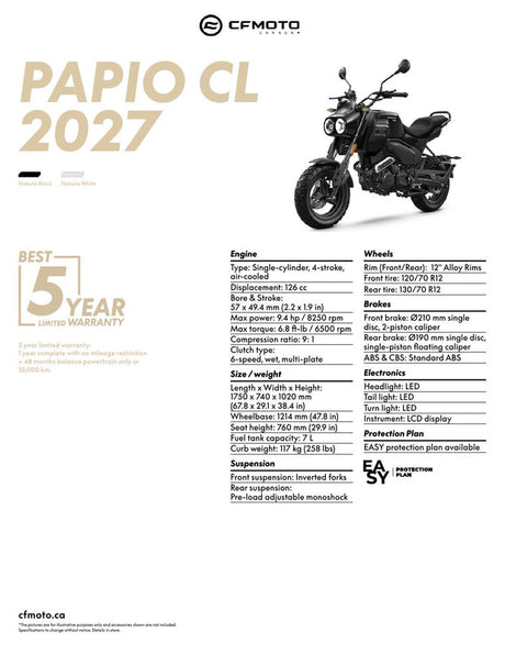 2027 CFMOTO PAPIO CL specifications