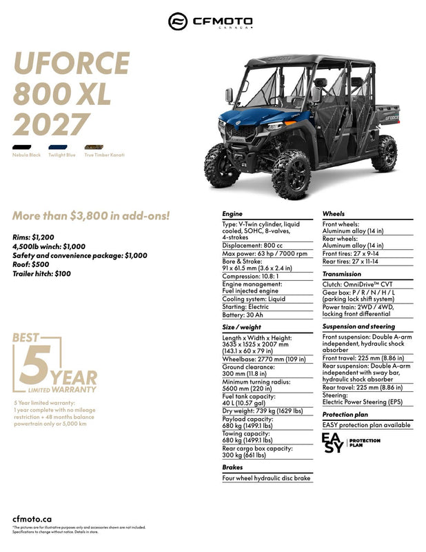 2027 CFMOTO UFORCE 800 XL specifications
