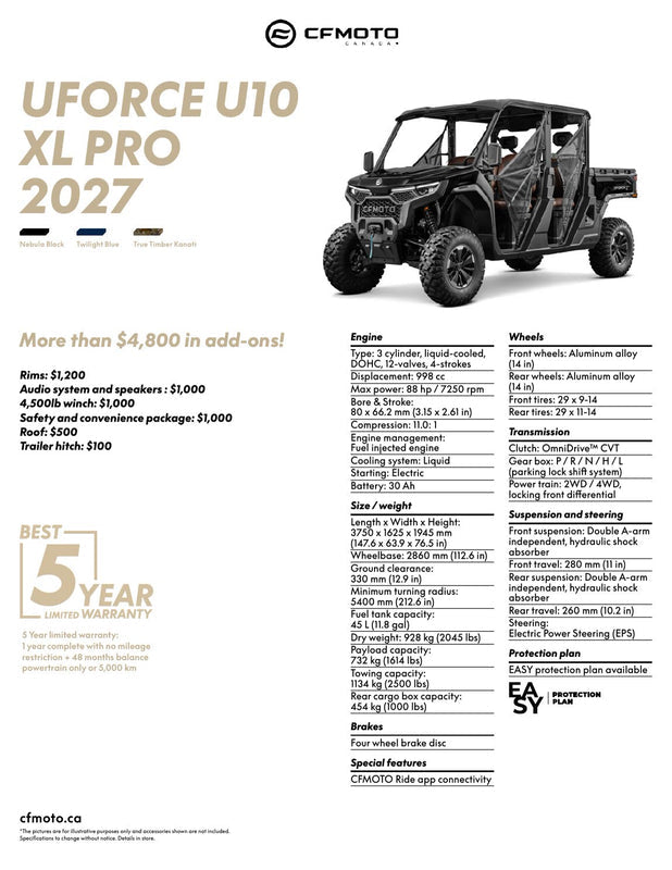 2027 CFMOTO UFORCE U10 XL PRO specifications