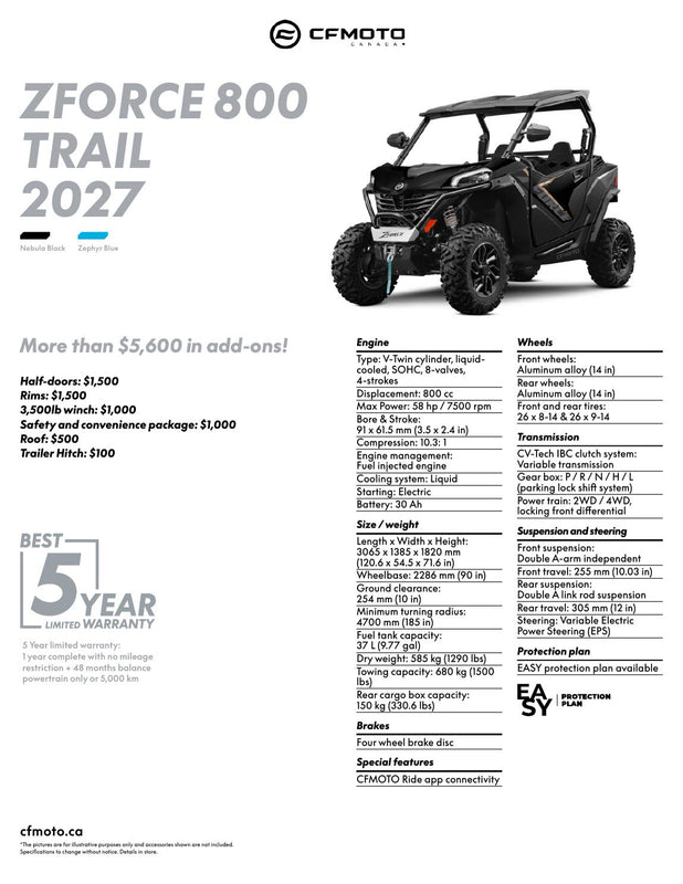 2027 CFMOTO ZFORCE 800 TRAIL specifications