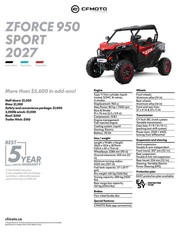 2027 CFMOTO ZFORCE 950 SPORT specifications