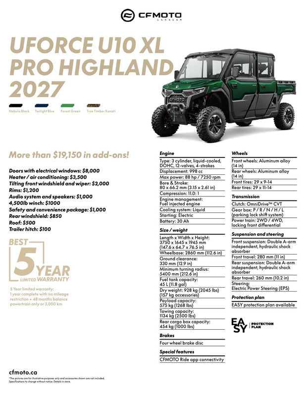 2027 CFMOTO UFORCE U10 XL PRO HIGHLAND specifications
