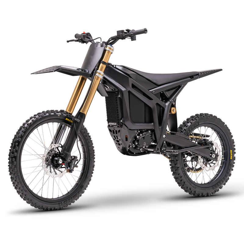 Black Talaria Komodo electric dirt bike, front three-quarter view